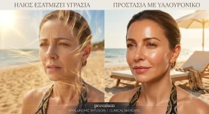 Συγκριτική εικόνα split-screen 30χρονης γυναίκας στην παραλία με αφυδατωμένο δέρμα από τον ήλιο αριστερά και βαθιά ενυδατωμένη, λαμπερή επιδερμίδα μετά από θεραπεία με υαλουρονικό οξύ δεξιά.