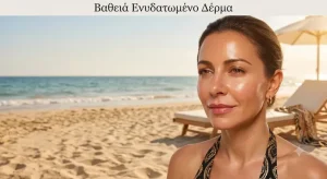 Υγιής, σφριγηλή και βαθιά ενυδατωμένη επιδερμίδα 30χρονης γυναίκας στην παραλία μετά από θεραπεία με υαλουρονικό οξύ.